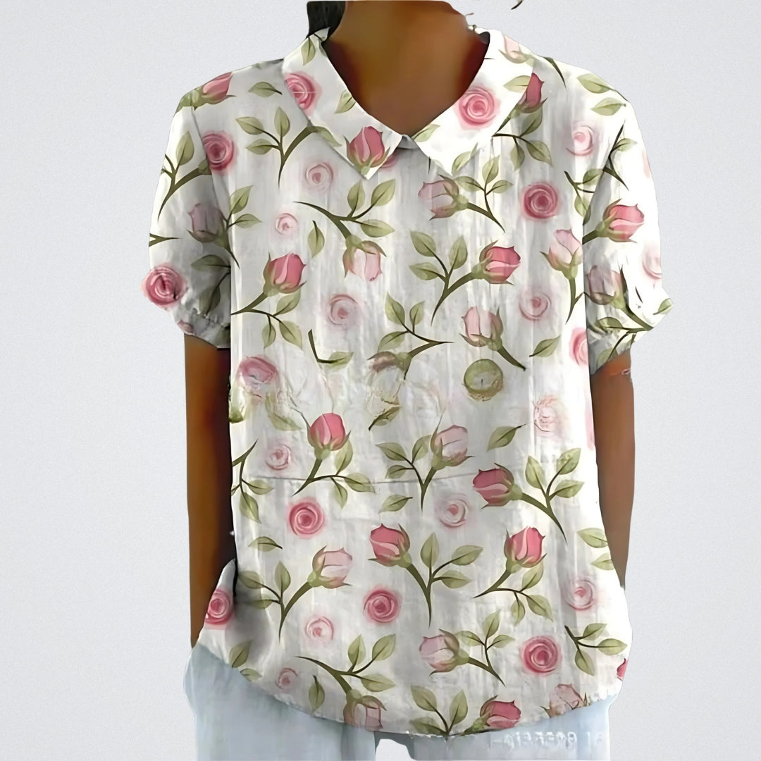 Lina™ - Stylish Linen Floral Blouse