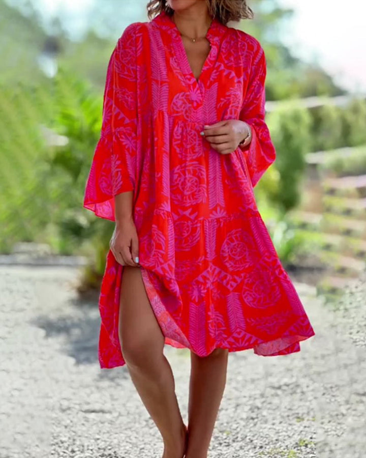 Skylar - Chic V-Neck 3/4 Flared Sleeves Ruffle Hem Dress