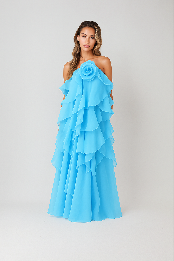Nephele - Long Halter Ruffle Cocktail Dress