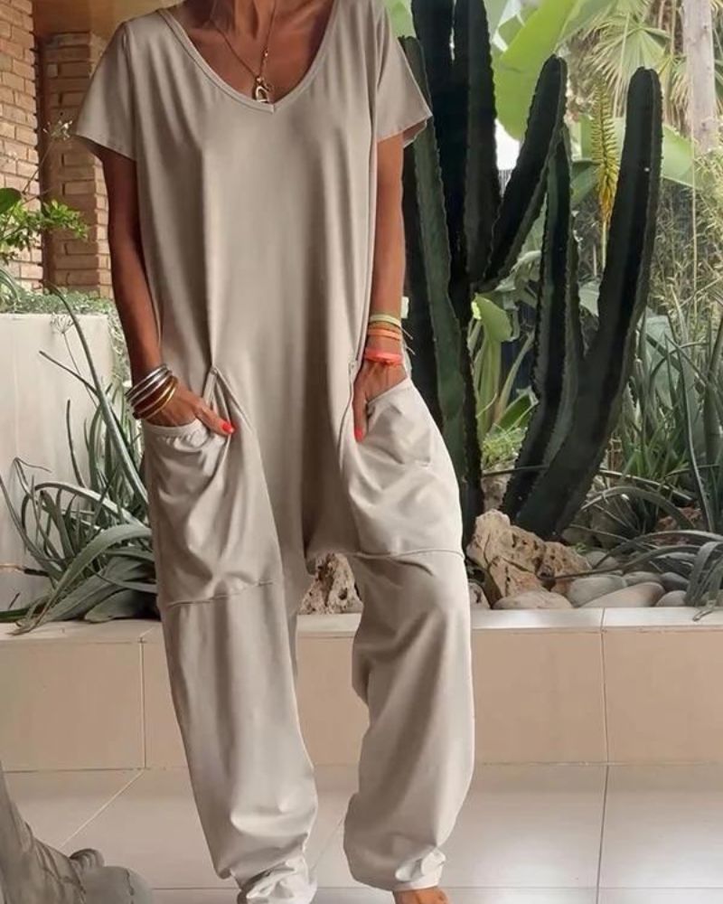 Yelena™ - Casual V-Neck Solid Color Jumpsuit