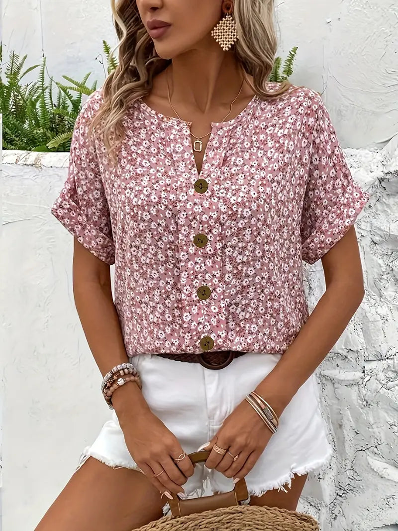 Cindy™ | Floral Print Notched Color Blouse
