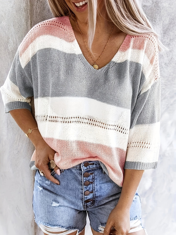 Olga™ - Casual Striped V-Neck Sweater