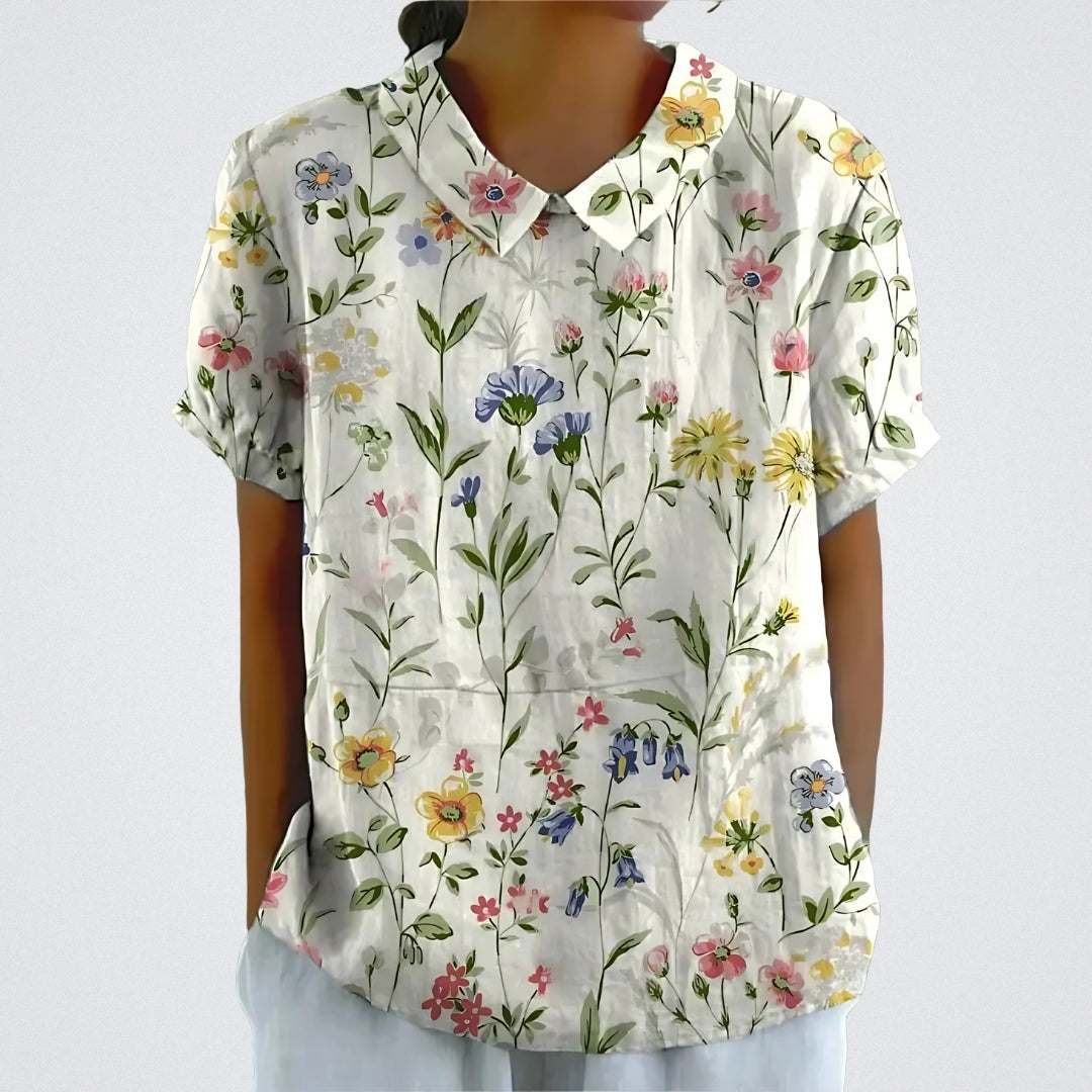 Lina™ - Stylish Linen Floral Blouse