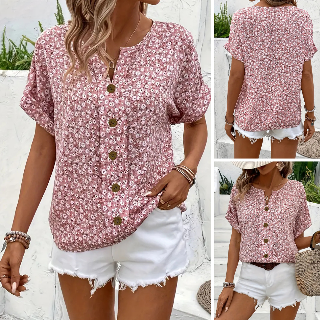 Cindy™ | Floral Print Notched Color Blouse