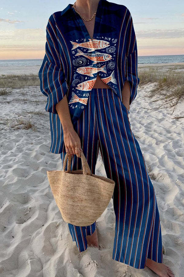 Zairine™ | Linen Set with Blue Koi Print.