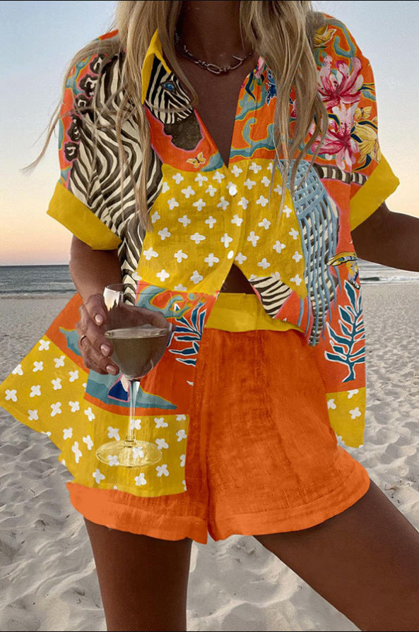 Norellia™ | Short Linen Set with Polka Dot Print.