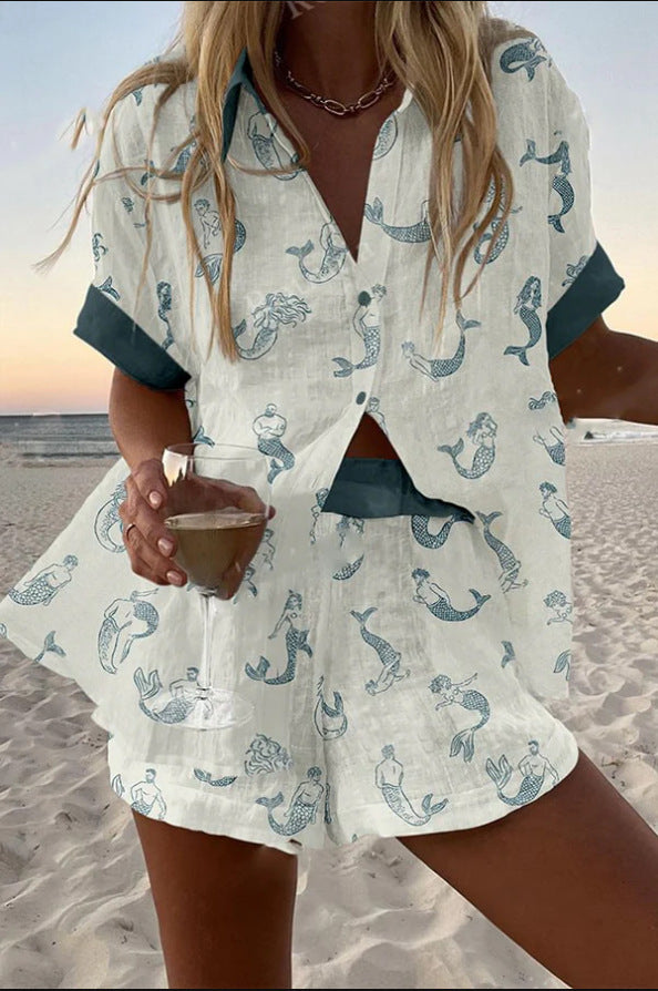 Jalira™ | Short linen set with mermaid print.