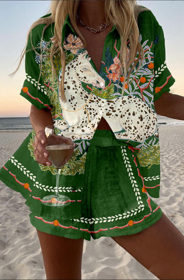 Céphira™ | Short linen set with horse print.