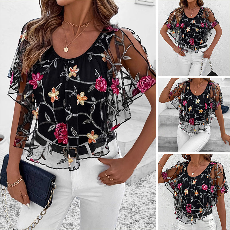Davina™ – Elegant Printed Mesh & Lace Top