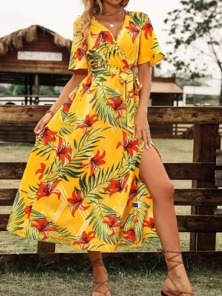 Lucille - Printed V-Neck Split Beach Vacation Dress