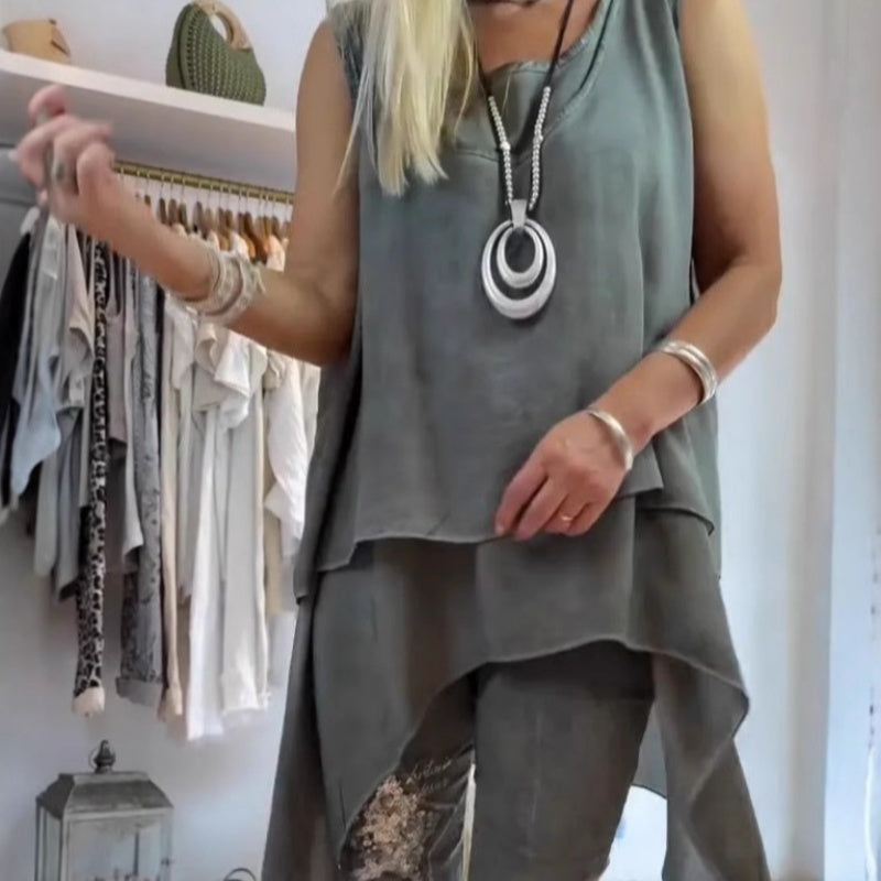 Olive™ - Women's Two-Piece Set: Sleeveless Top and Printed Trousers