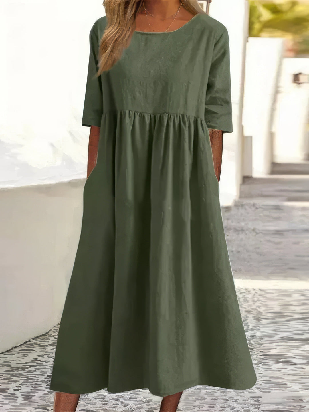 Maikee™ - Cotton Dress with Round Neckline and Pockets