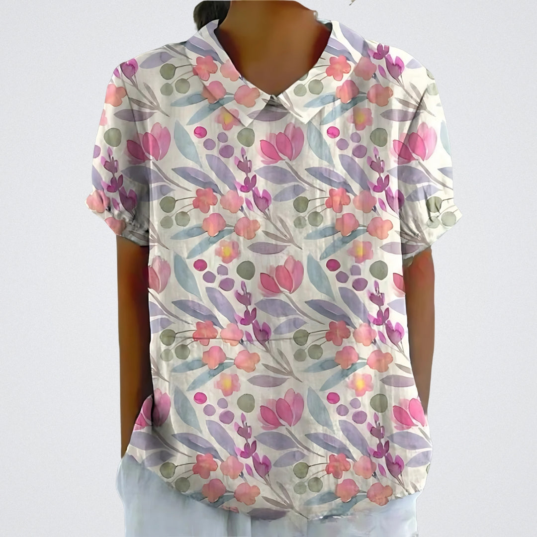 Lina™ - Stylish Linen Floral Blouse