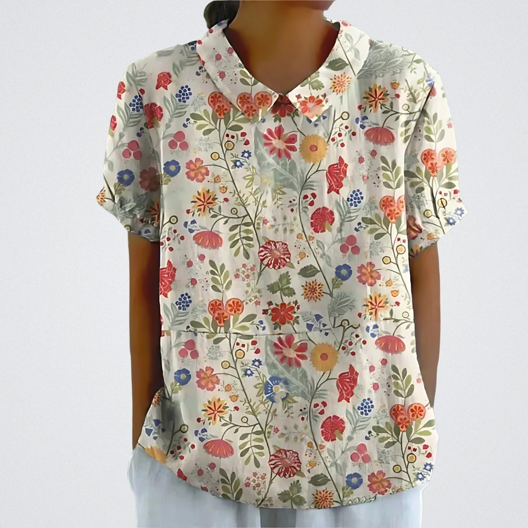 Lina™ - Stylish Linen Floral Blouse