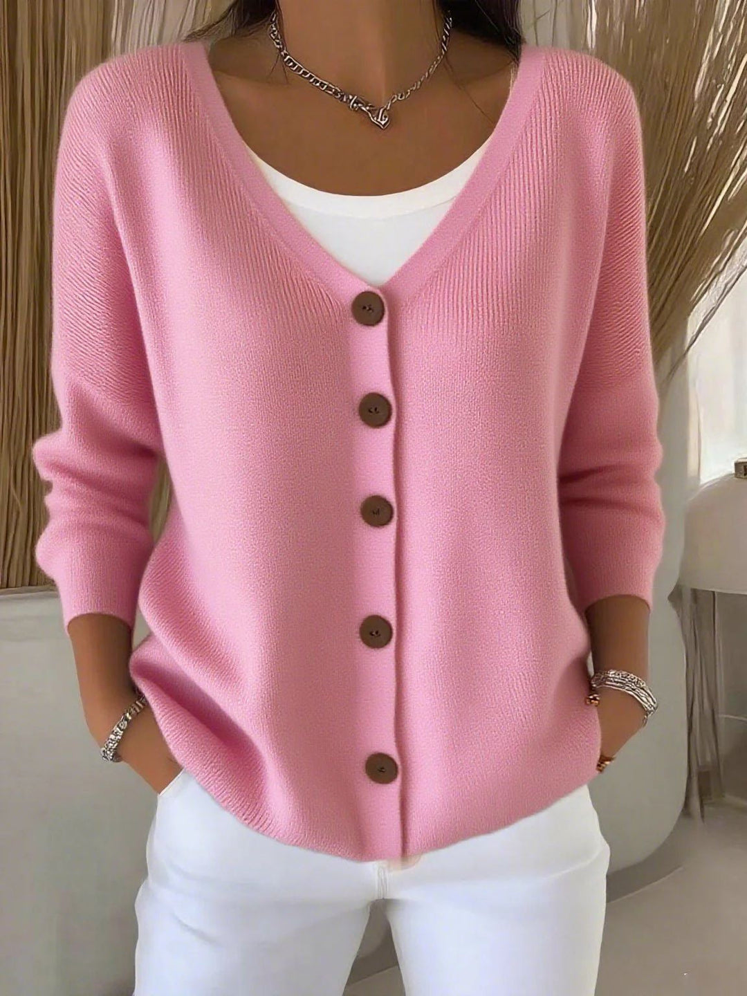 Olivia™ - Long Sleeve V-Neck Button Sweater