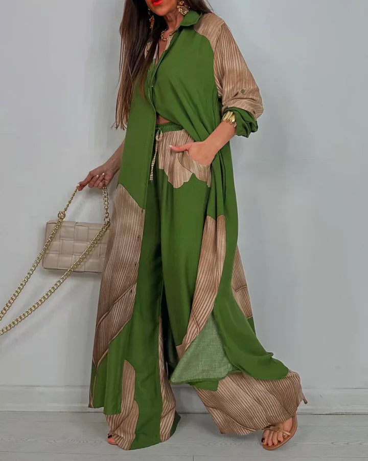 Skye - Trendy Patchwork Printed Top & Wide Leg Pants Set