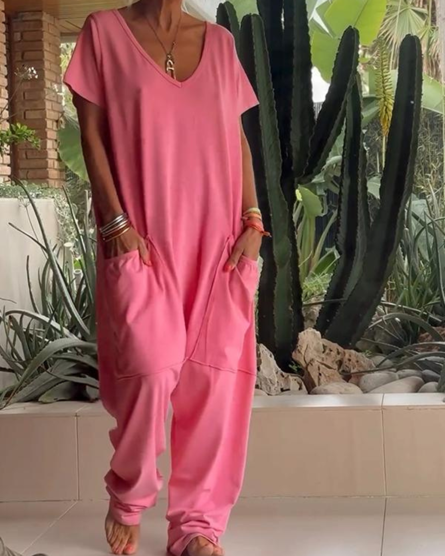Yelena™ - Casual V-Neck Solid Color Jumpsuit