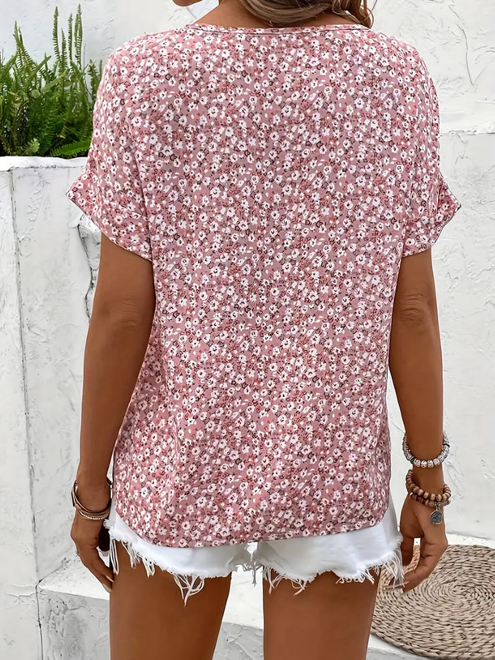 Cindy™ | Floral Print Notched Color Blouse
