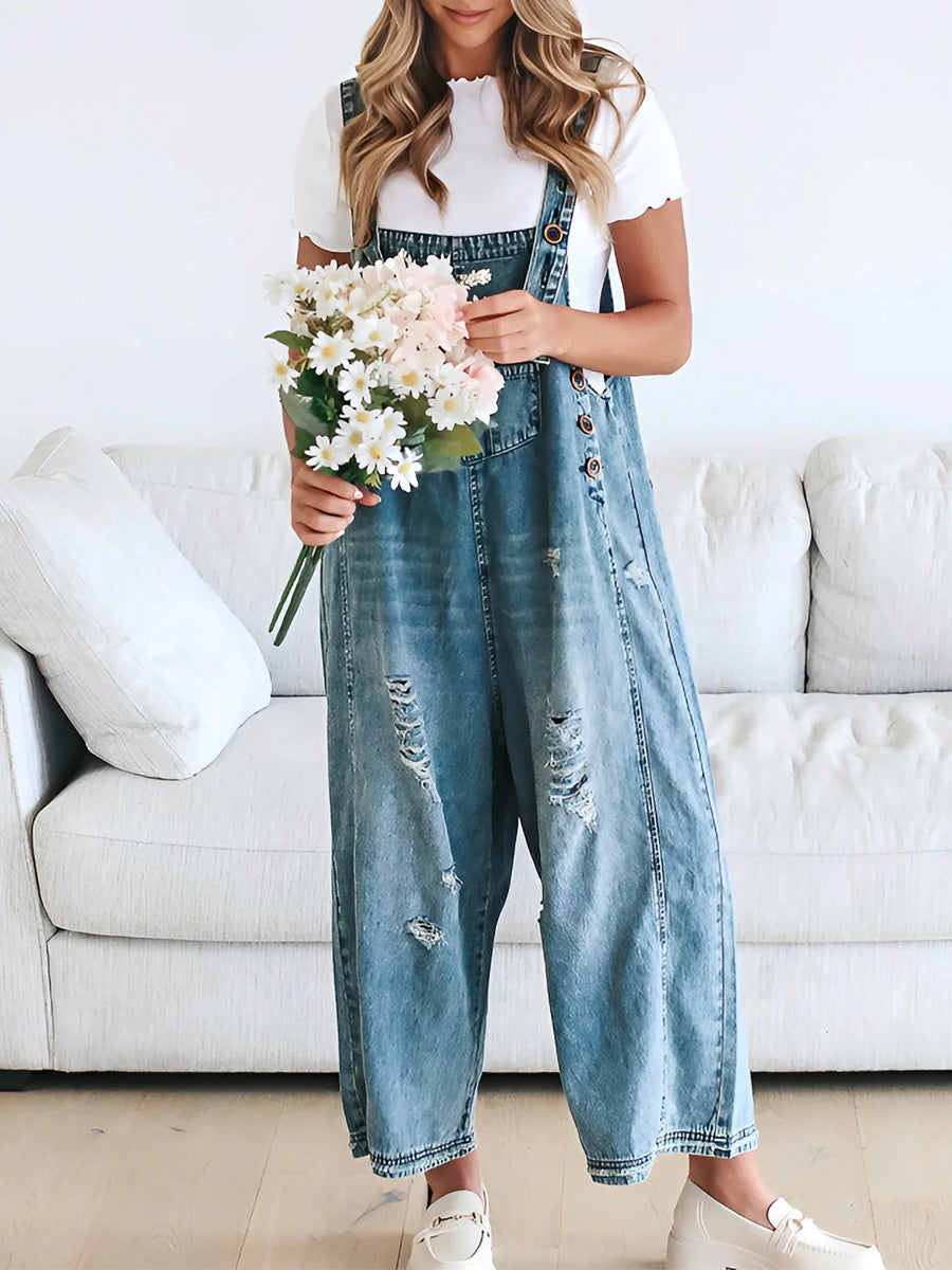 Thessa™ - Distressed Denim Overalls