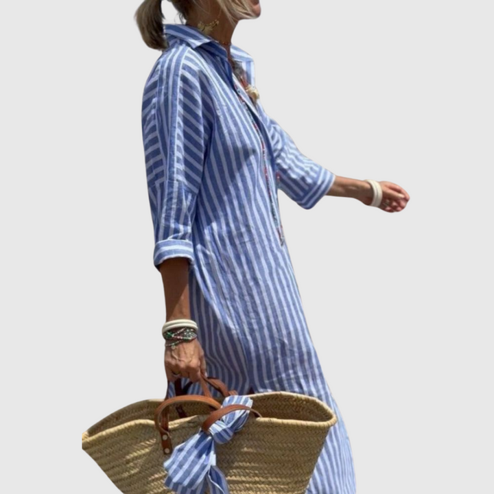 Elodie - Chic Striped Button-Down Shirt Dress