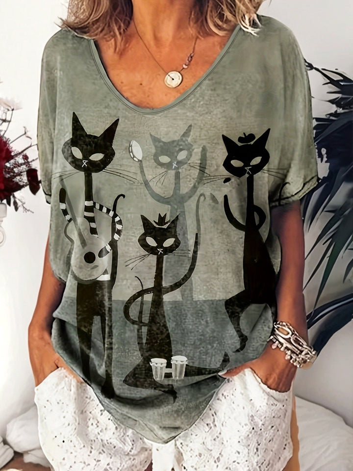 Sue™ - Casual Cat Print T-Shirt