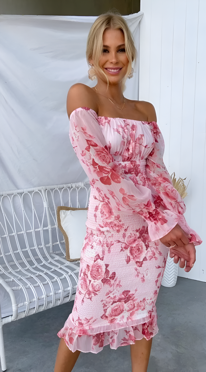 Nadia - Floral Off Shoulder Smocked Waist Midi Dress