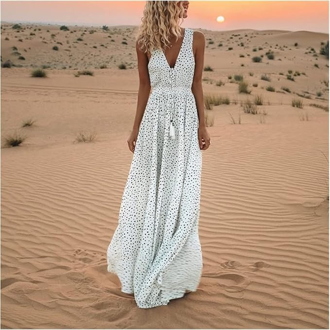 Noa - Bohemian Elegance V-Neck Polka Dot Maxi Dress
