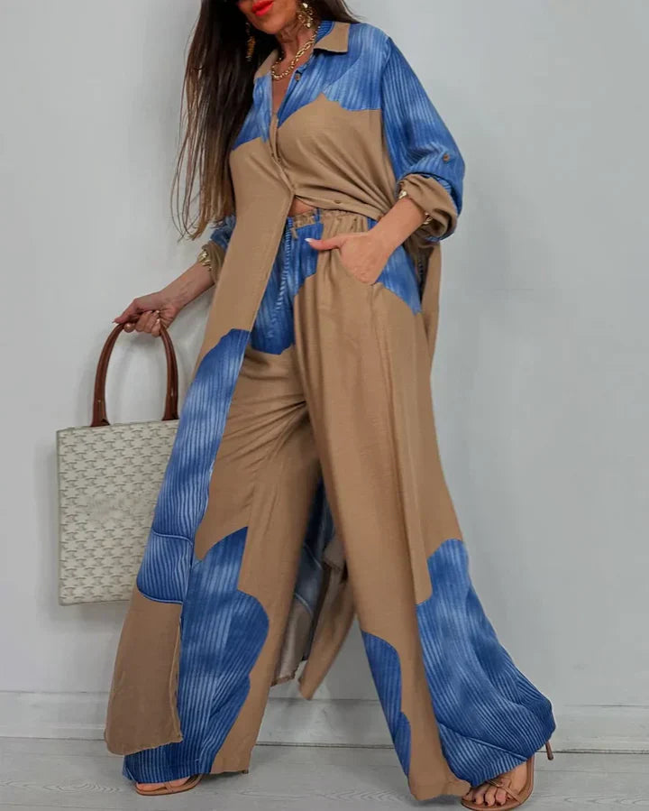 Skye - Trendy Patchwork Printed Top & Wide Leg Pants Set