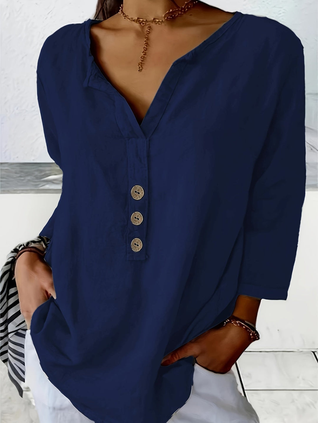 Harper™ - Loose V-Neck Button-Up Top
