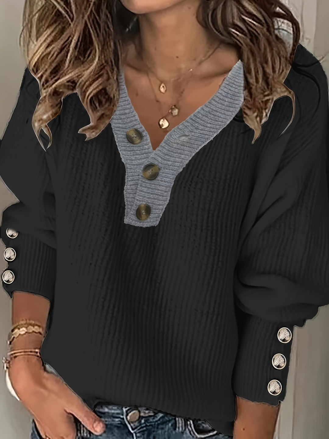 Aubrey™ - Cozy V-Neck Button-Front Sweater