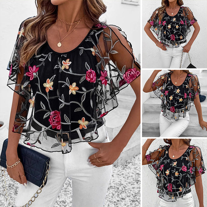 Davina™ – Elegant Printed Mesh & Lace Top