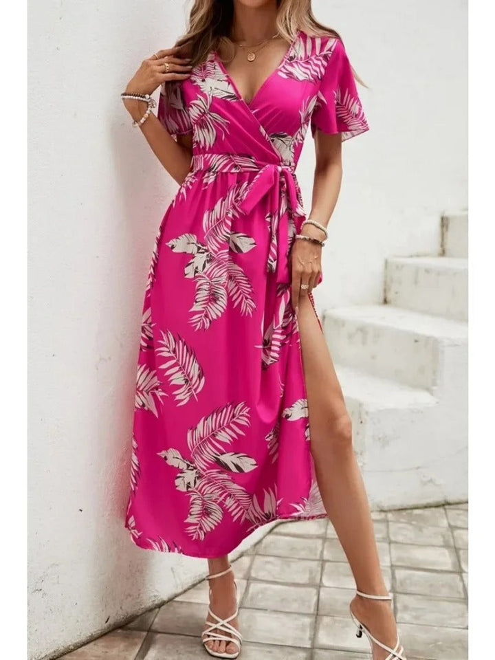 Lucille - Printed V-Neck Split Beach Vacation Dress