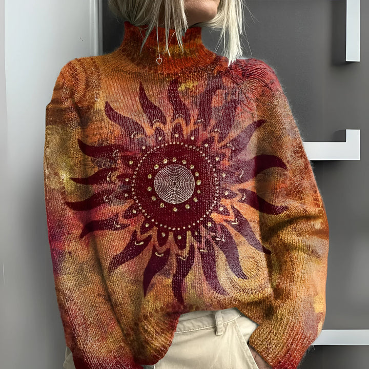 Harlow - Warm knitted turtleneck sweater with tribal sun motif