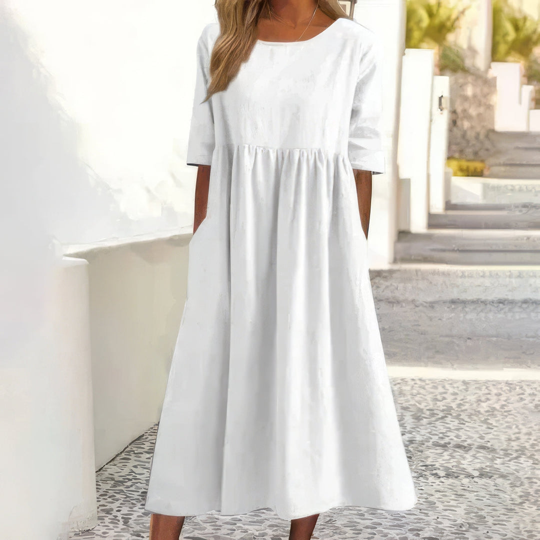 Maikee™ - Cotton Dress with Round Neckline and Pockets