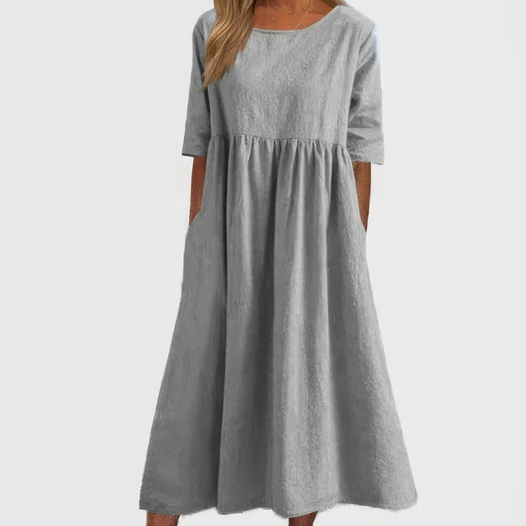 Maikee™ - Cotton Dress with Round Neckline and Pockets